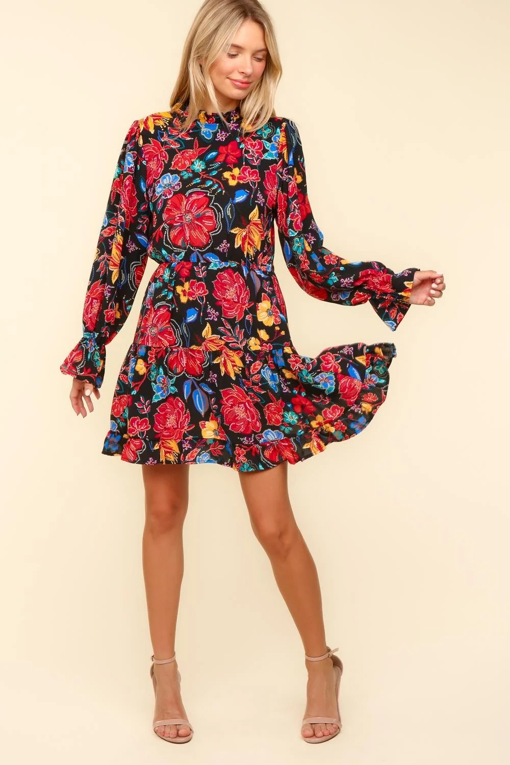 PLUS FLORAL MOCK NECK SEQUINS PRINT MINI DRESS - Image 7