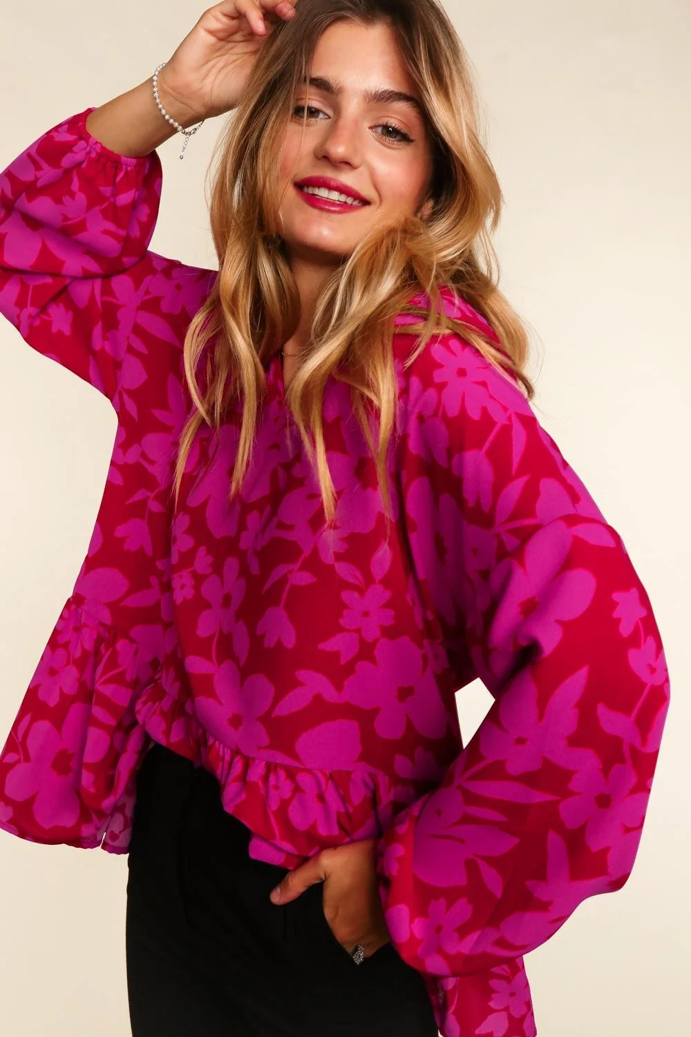 PLUS FLORAL PEPLUM BUBBLE LONG SLEEVE WOVEN TOP - Image 8