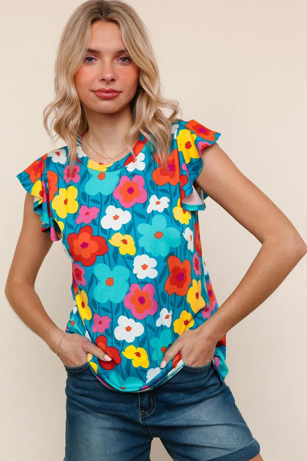 FLORAL PRINT KNIT TOP W/ RUFFLE SHORT SLEEVES - Image 2