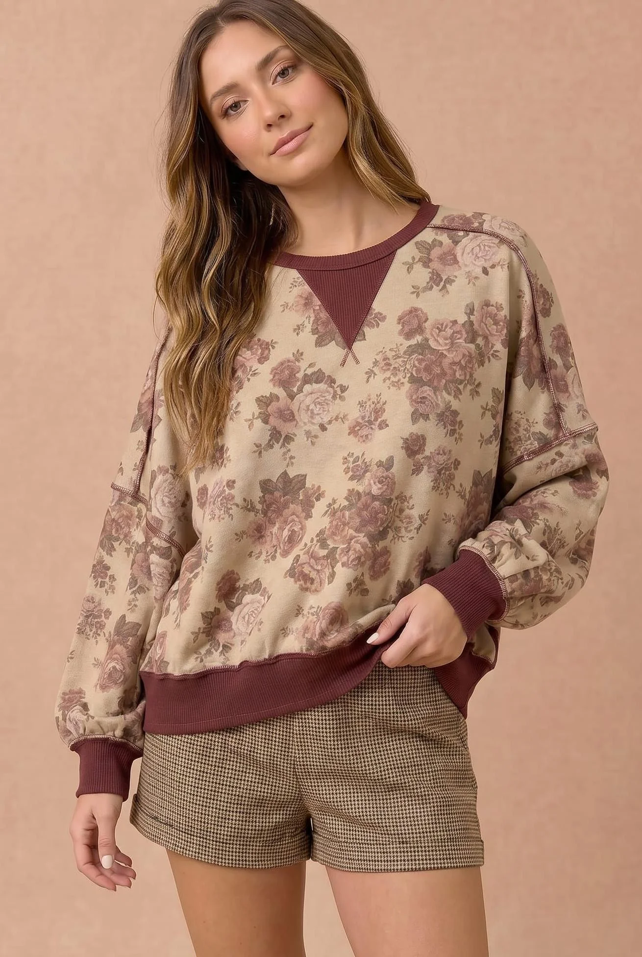 Plus Floral Print Oversized Sweatshirt with Contrast Trim - Image 4