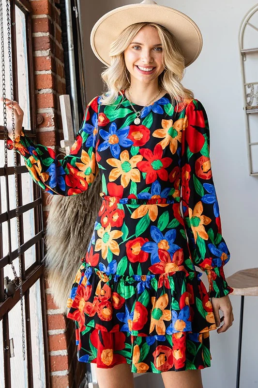 PLUS FLORAL PRINT SHORT DRESS FEATURING SMOCKED CUFF LONG SLEEVE DRESS - Image 3
