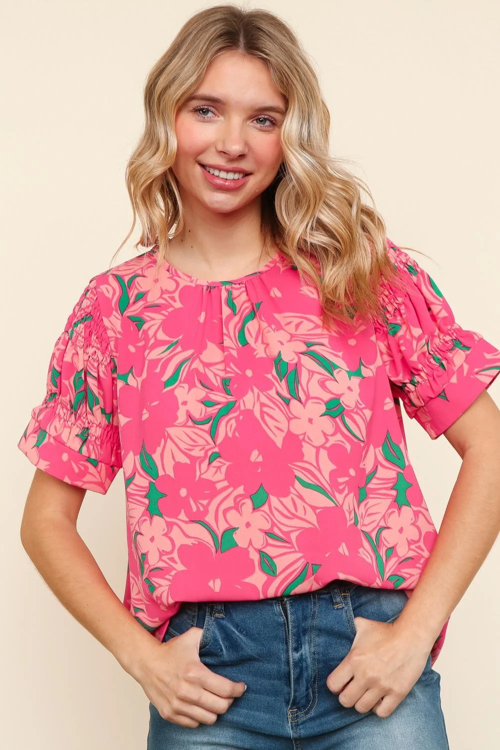 FLORAL PRINT WOVEN BLOUSE WITH PUFF SHORT SLEEVES - Image 5