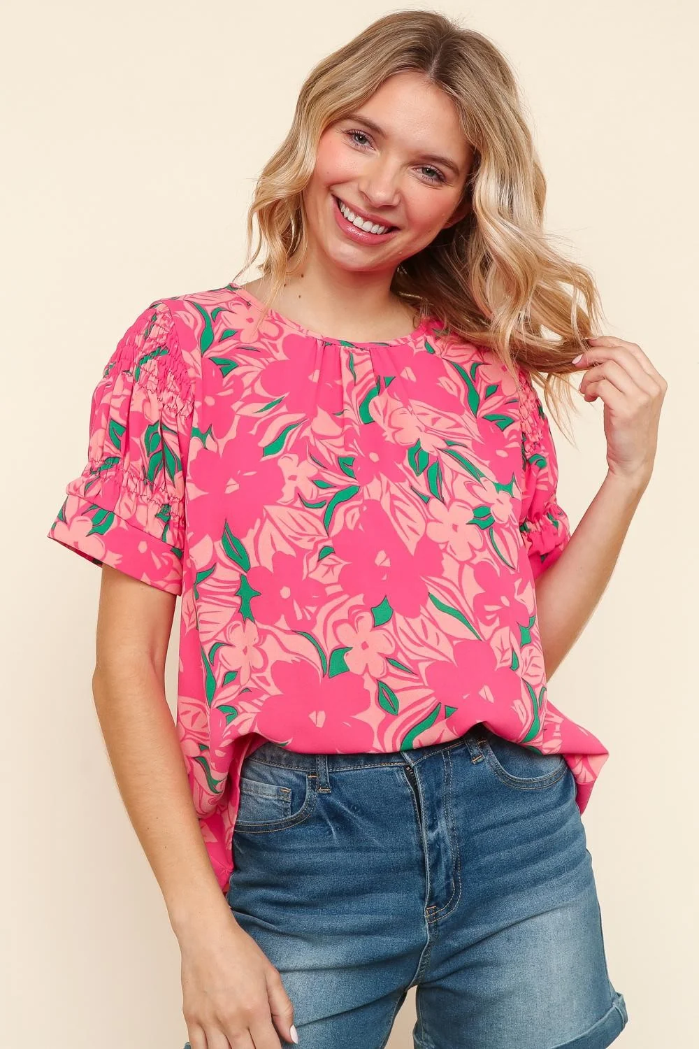 FLORAL PRINT WOVEN BLOUSE WITH PUFF SHORT SLEEVES - Image 7