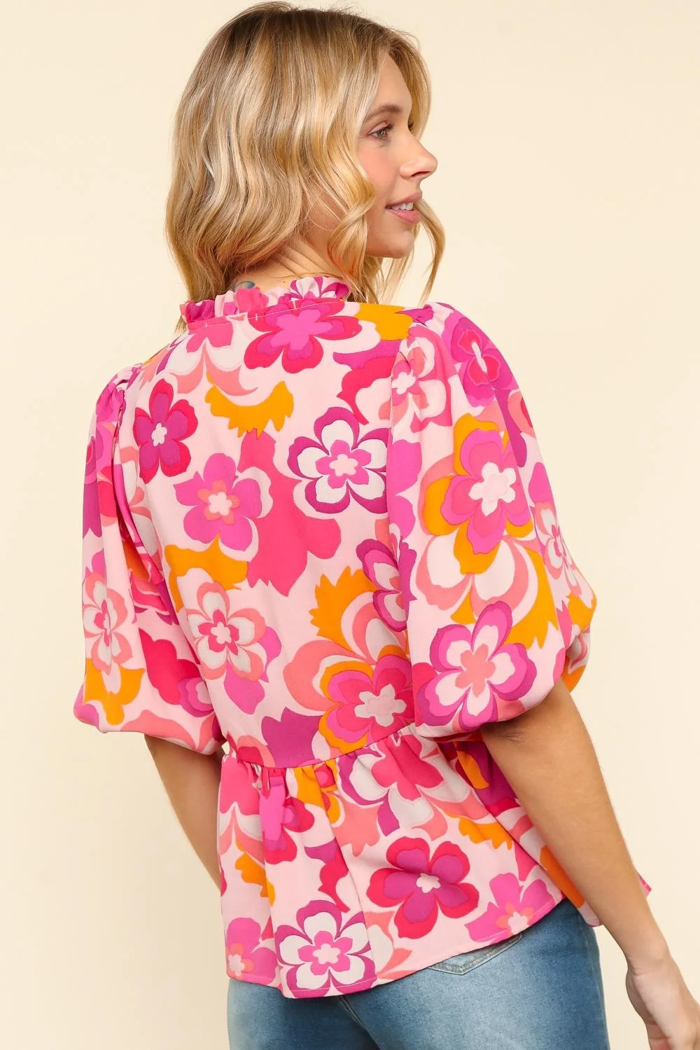 FLORAL PUFF BUBBLE SHORT SLEEVE WOVEN TOP - Image 4