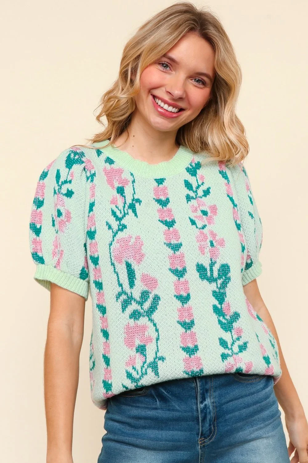 PLUS FLORAL ROUND NECK BUBBLE SHORT SLEEVE SWEATER TOP - Image 4