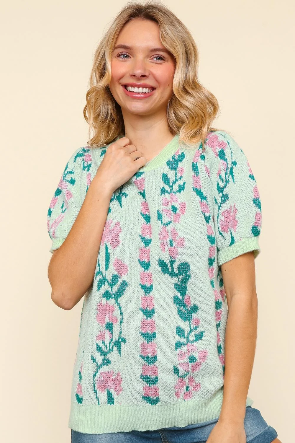 PLUS FLORAL ROUND NECK BUBBLE SHORT SLEEVE SWEATER TOP - Image 5