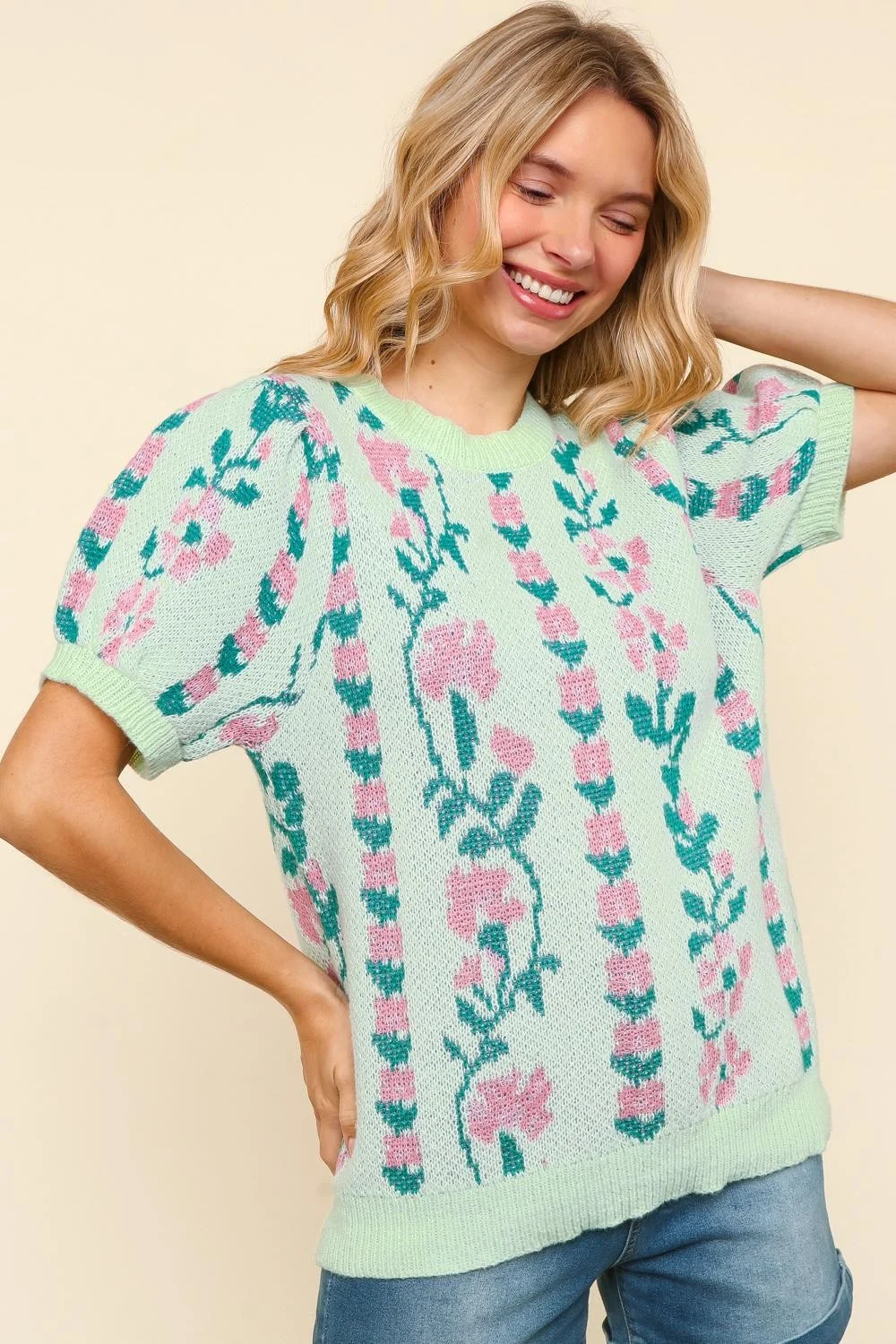 PLUS FLORAL ROUND NECK BUBBLE SHORT SLEEVE SWEATER TOP - Image 5