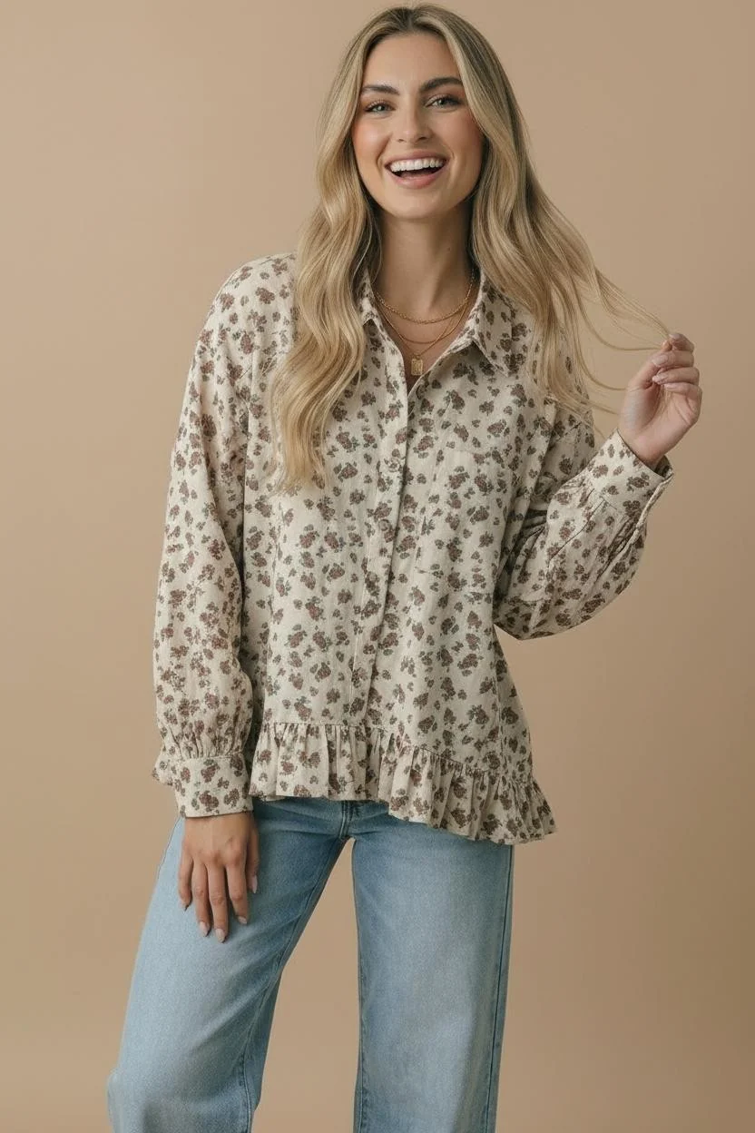 Plus Floral Ruffle Hem Button Down Blouse - Image 6
