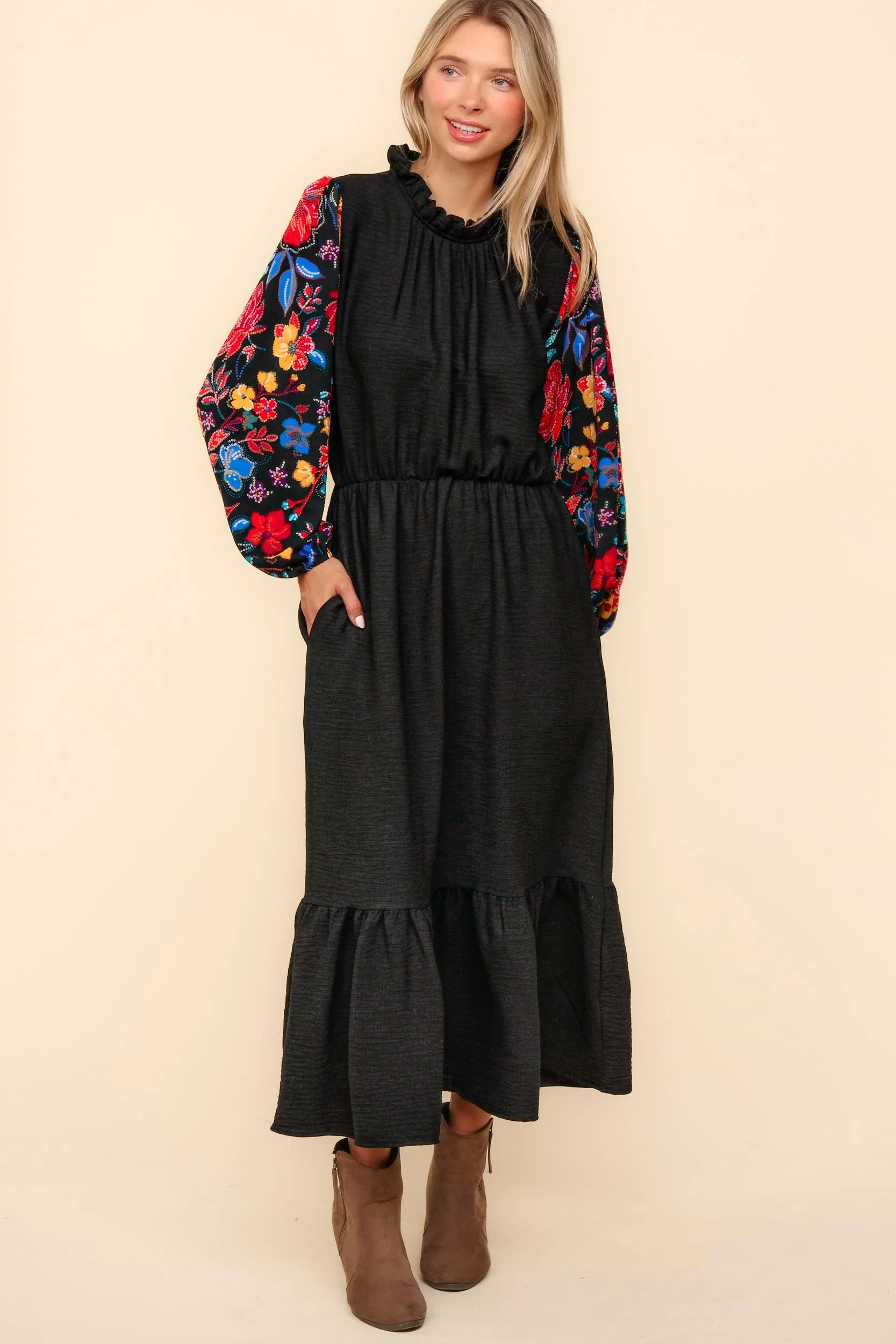 PLUS FLORAL SEQUINS PRINT LONG SLEEVE MAXI DRESS - Image 3