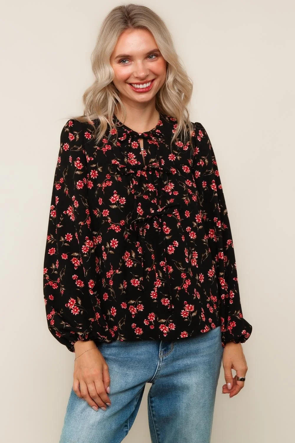 Plus Black Floral Woven Blouse W/Front Ribbon Detail - Image 4