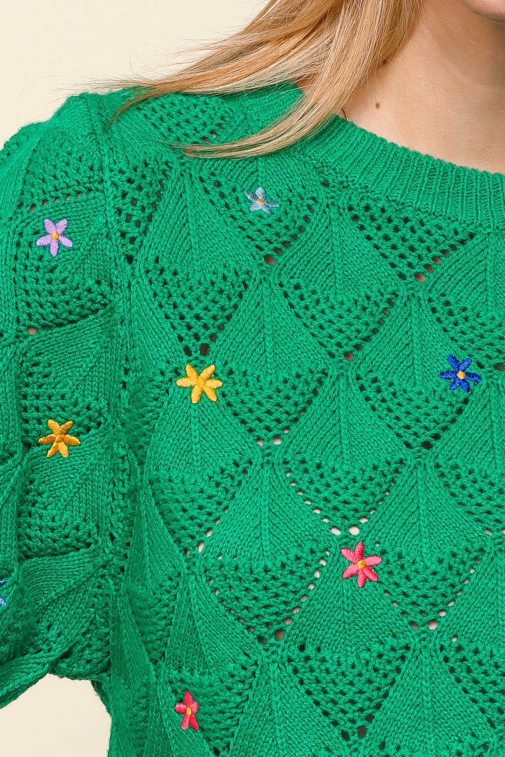 PLUS FLOWER EMBROIDERED CROCHET SWEATER KNIT TOP - Image 3