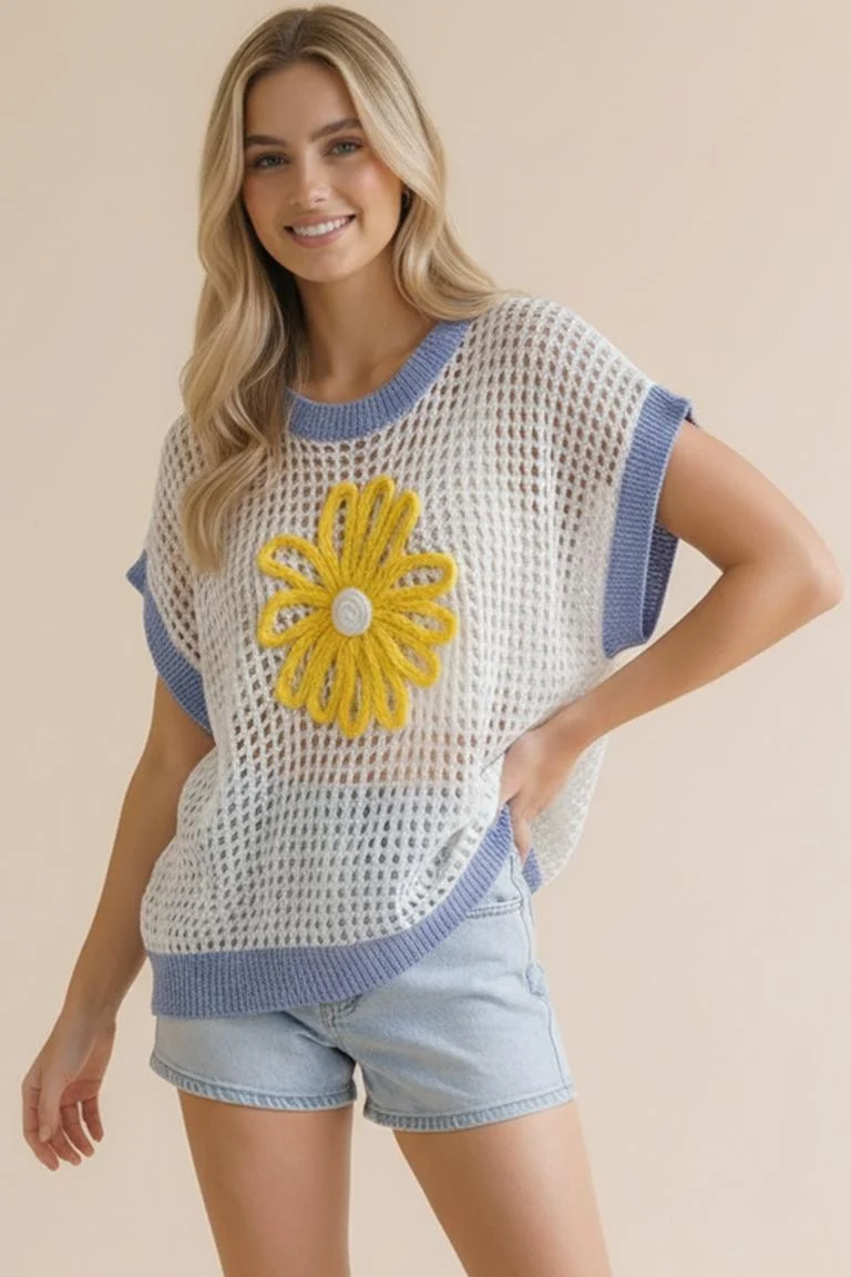 PLUS FLOWER EMBROIDERY DOLMAN NETTED SWEATER TOP