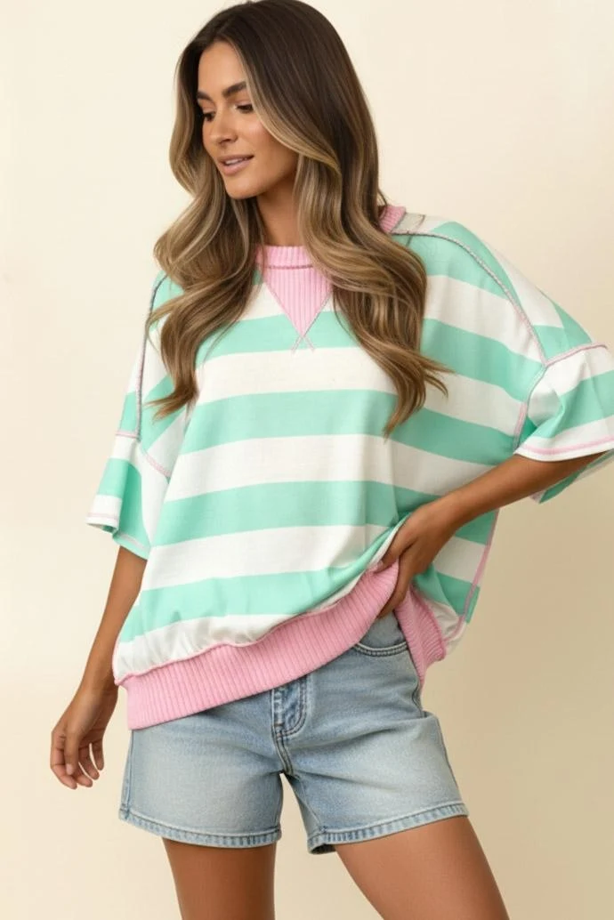 FLUTTER ELBOW SLEEVE STRIPE FRENCH TERRY TOP