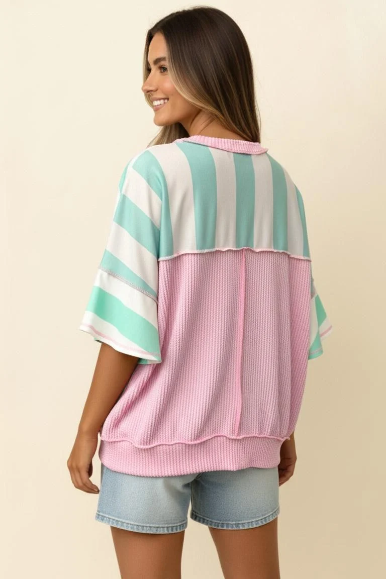 FLUTTER ELBOW SLEEVE STRIPE FRENCH TERRY TOP - Image 4