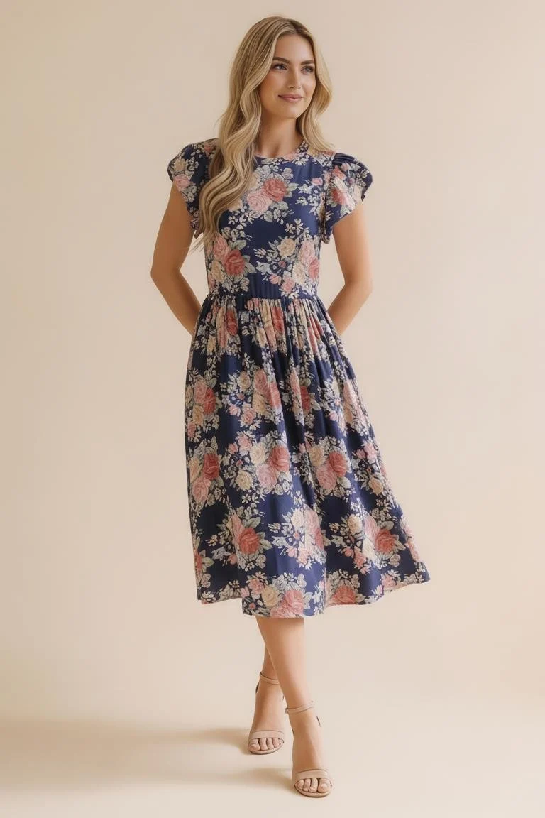 PLUS FOLDED RUFFLE SLEEVE BABYDOLL FLORAL KNIT DRESS - Image 2