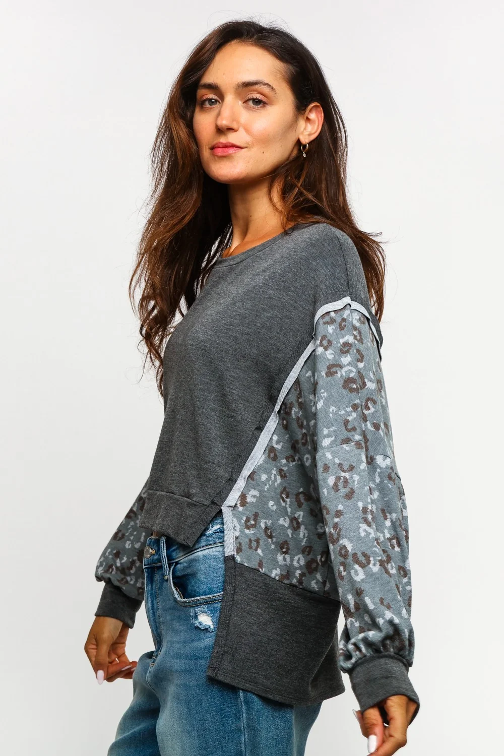PLUS FRENCH TERRY LEOPARD SLITS PULLOVER TOP - Image 5