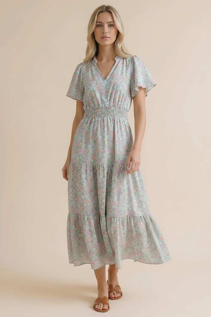 Plus Frill Hem Notch Neck Puff Sleeve Floral Maxi - Image 6
