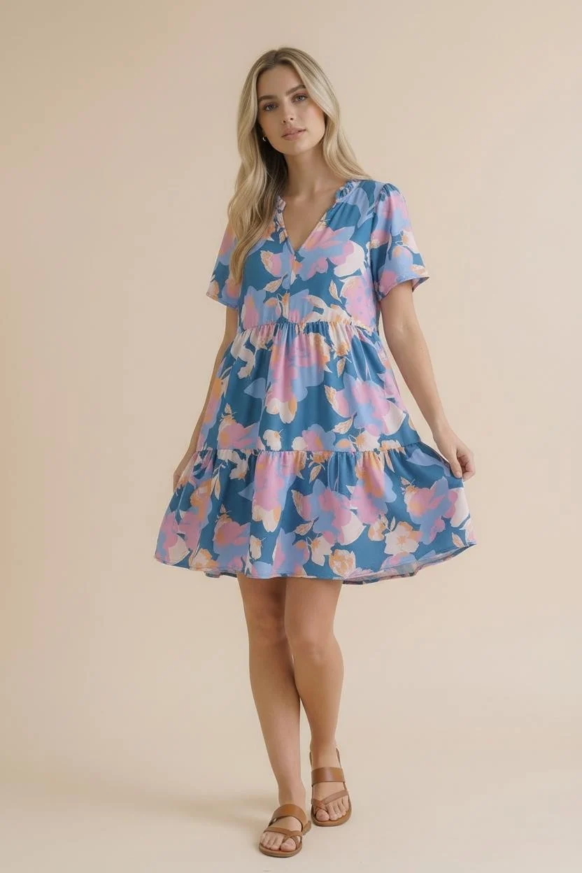 PLUS FRILLED MOCK NECK SHORT SLEEVE FLORAL DRESS - Image 5