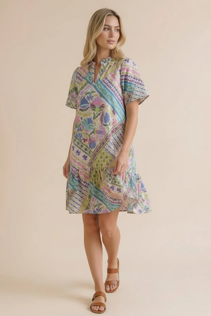 FRILLED MOCK NECK TIERED PATCHWORK PRINT DRESS - Image 2