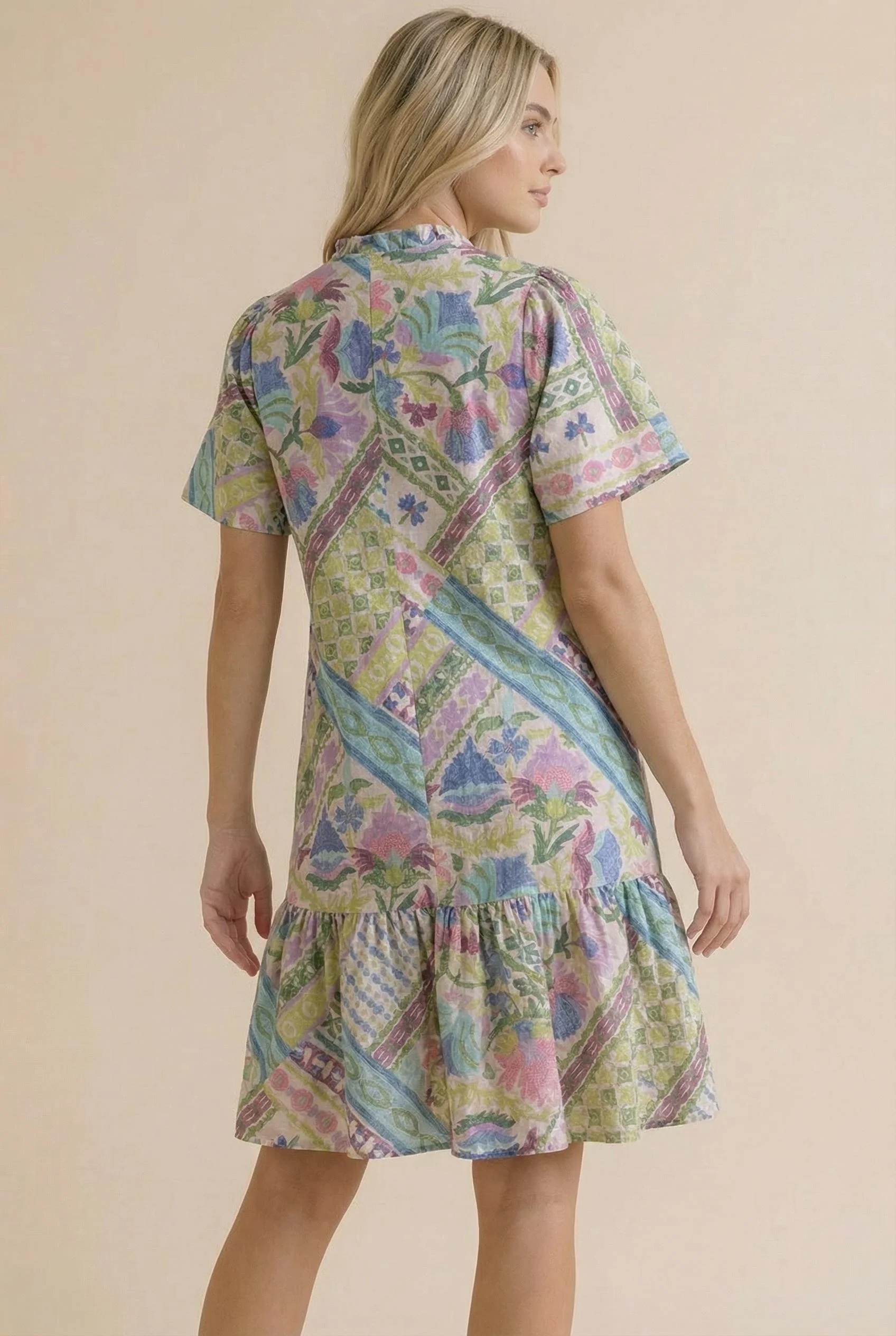 FRILLED MOCK NECK TIERED PATCHWORK PRINT DRESS - Image 3