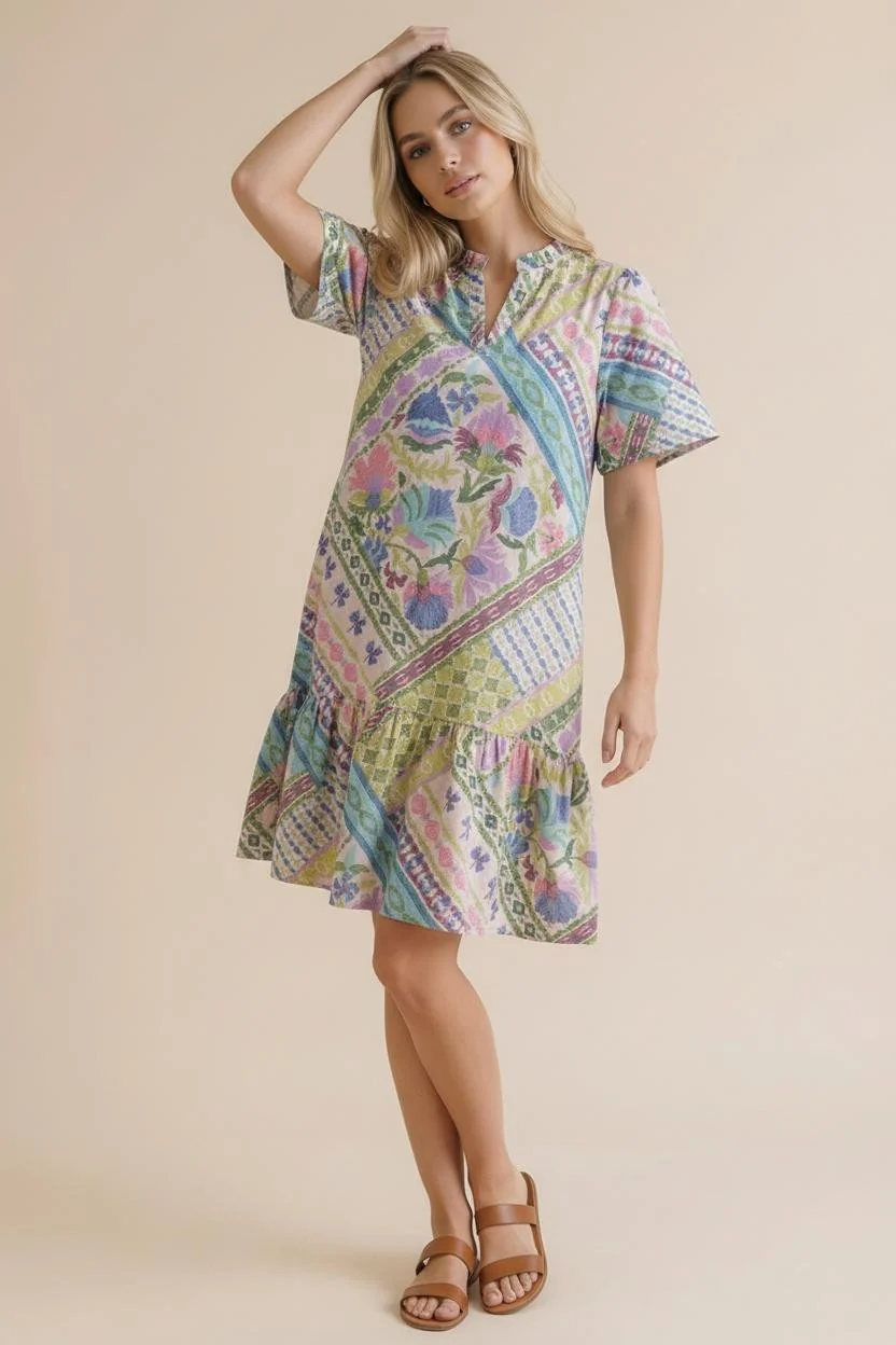 FRILLED MOCK NECK TIERED PATCHWORK PRINT DRESS - Image 6
