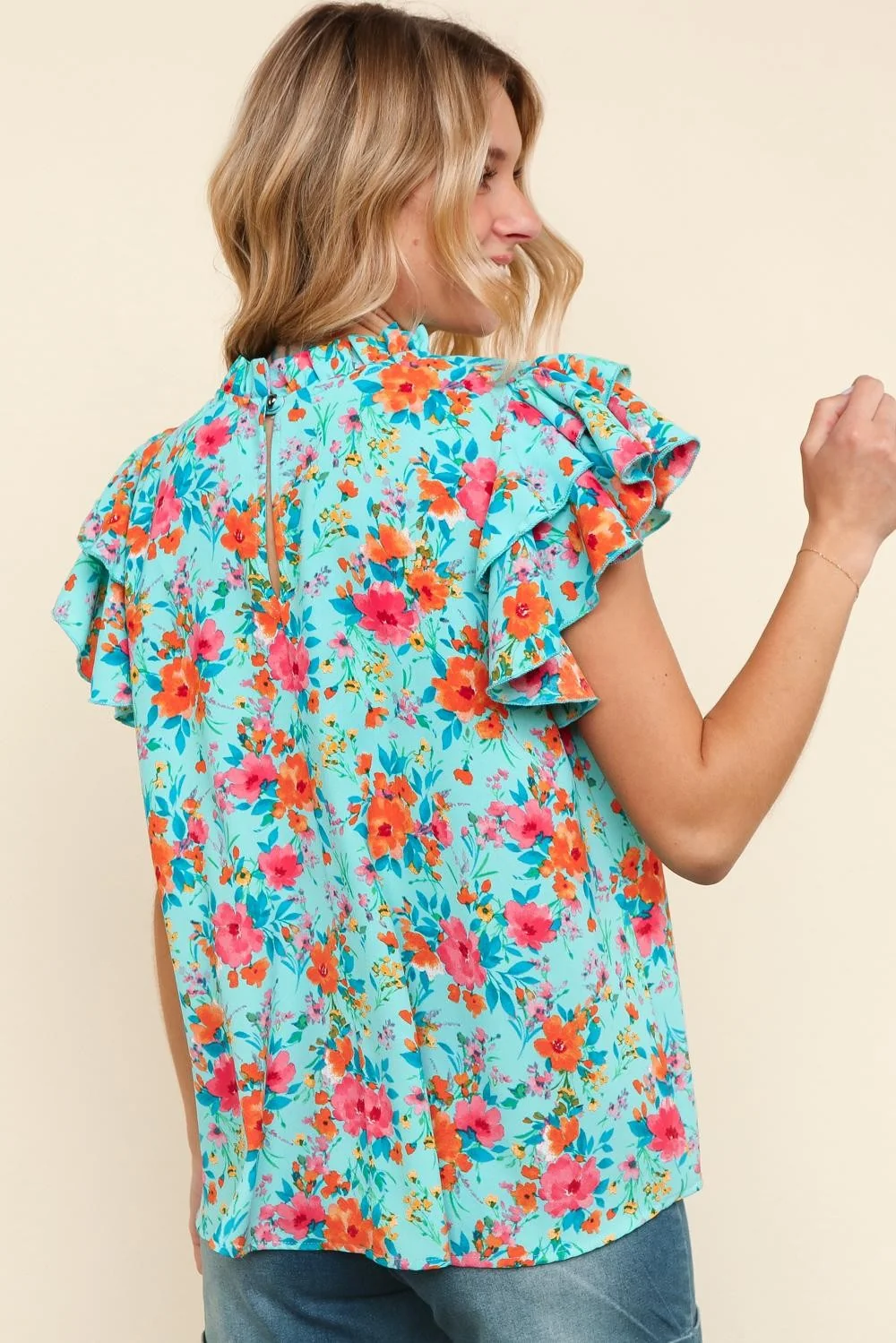 FRILLED MOCK NECK WOVEN BLOUSE W/ BACK BUTTON - Image 11