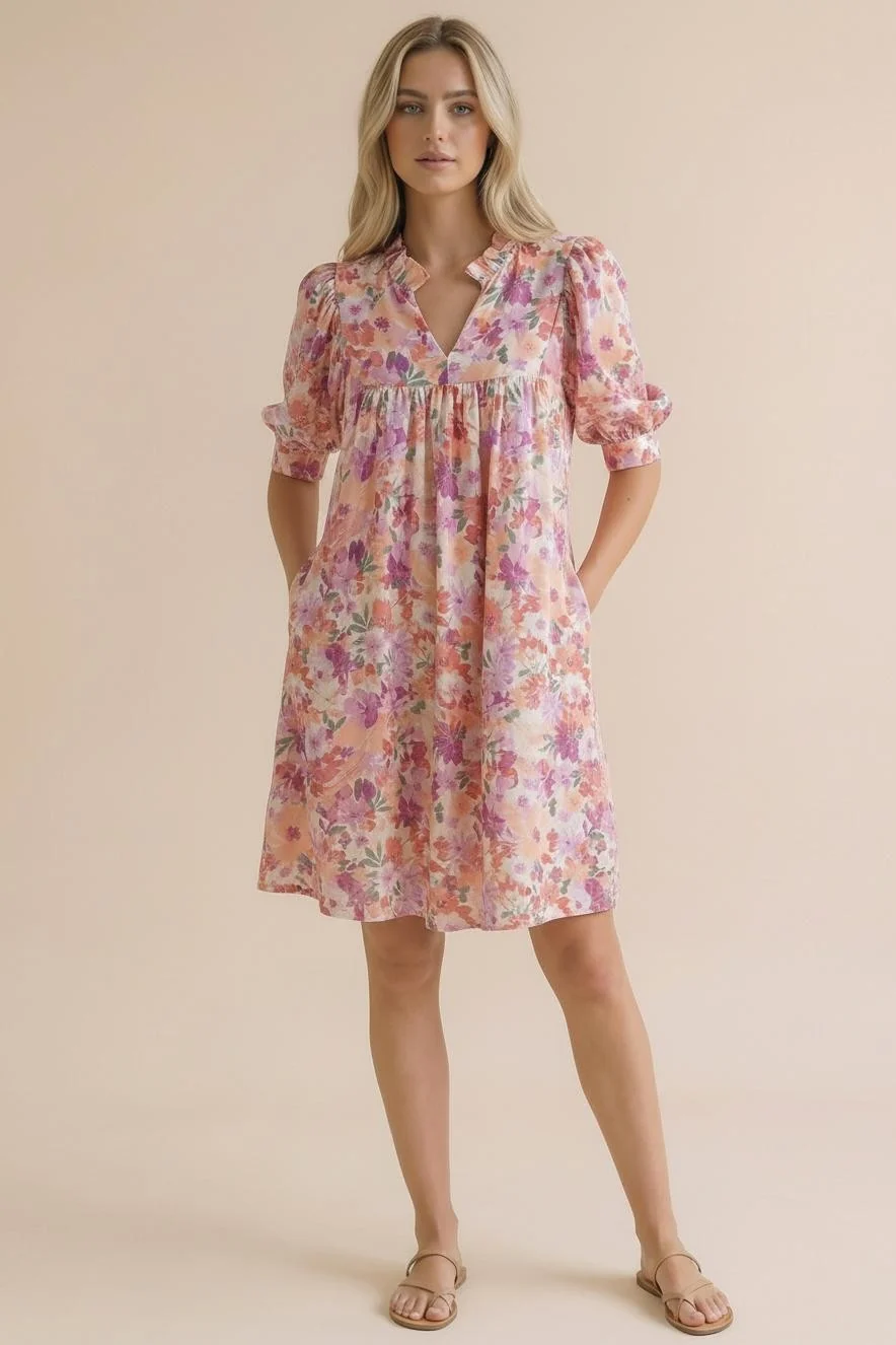 PLUS FRILLED NOTCH NECK BUBBLE SLEEVE FLORAL DRESS