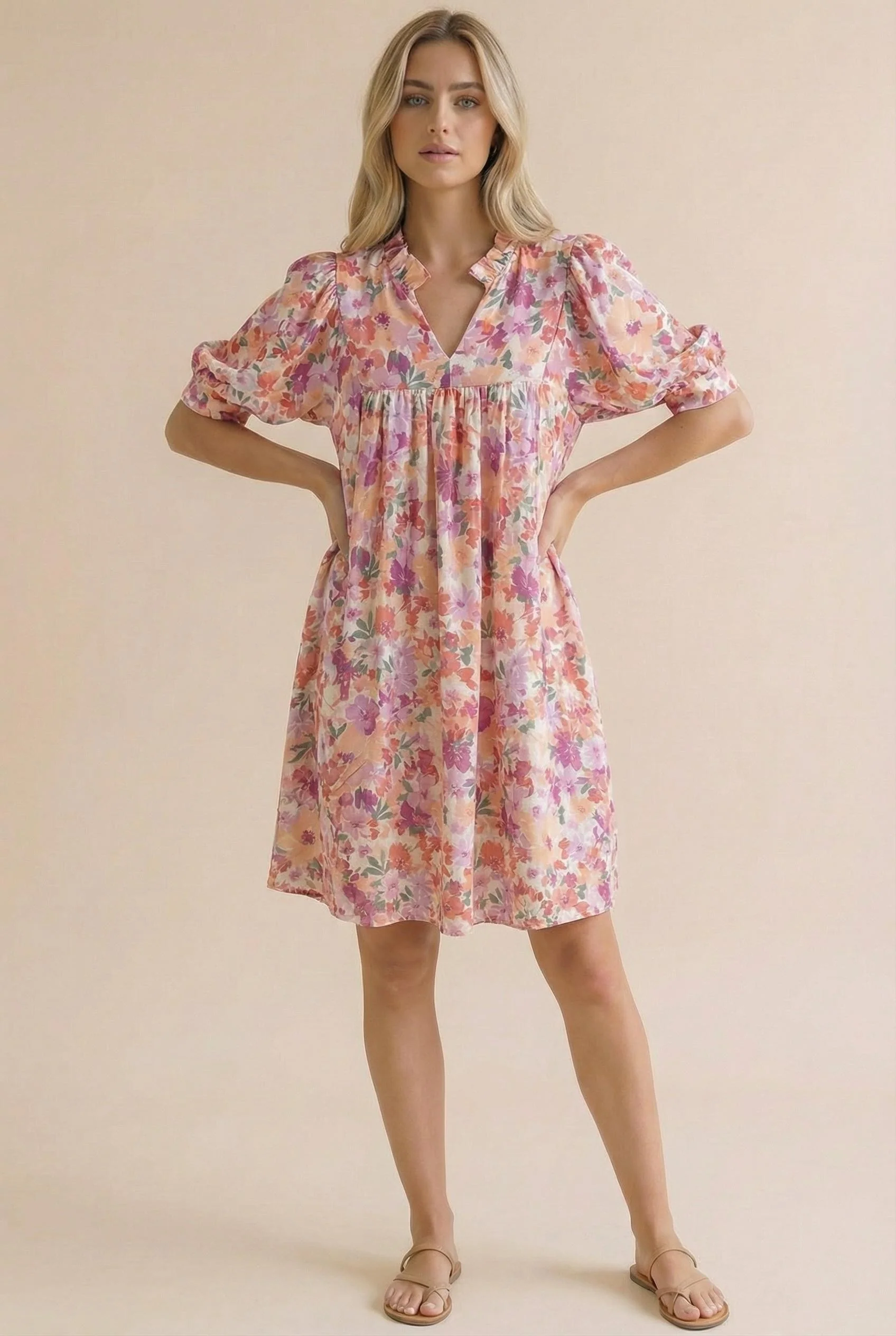 PLUS FRILLED NOTCH NECK BUBBLE SLEEVE FLORAL DRESS - Image 2