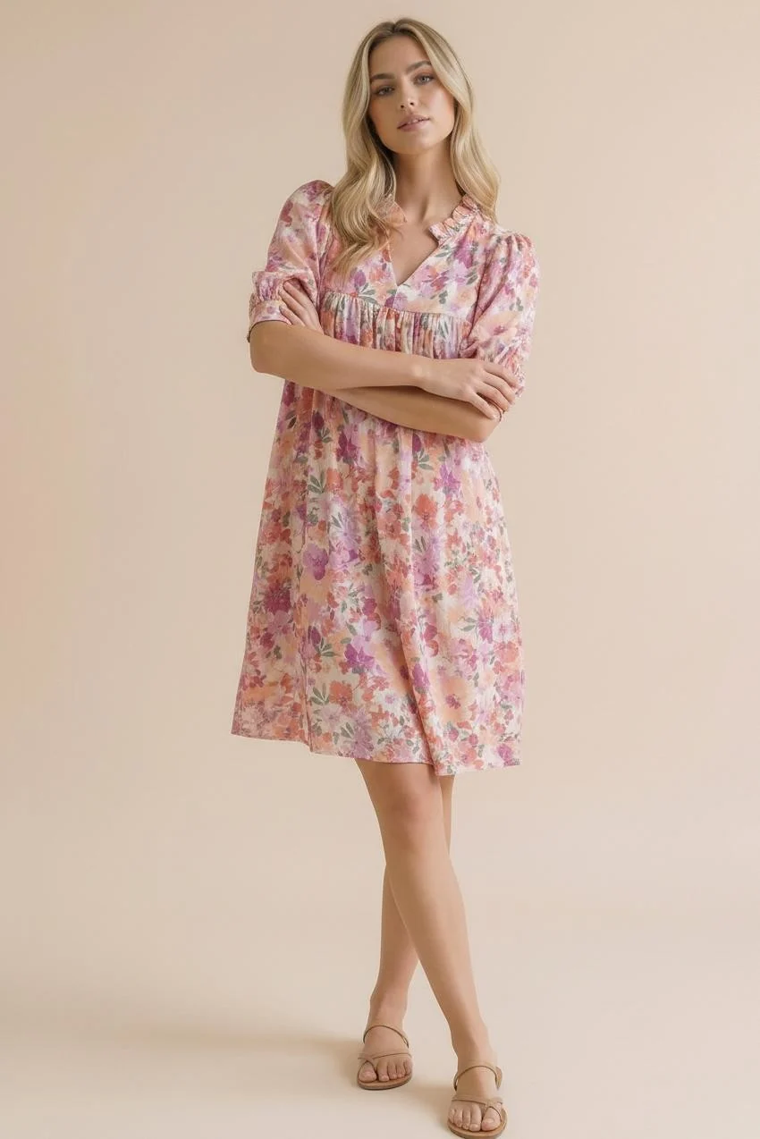 PLUS FRILLED NOTCH NECK BUBBLE SLEEVE FLORAL DRESS - Image 3