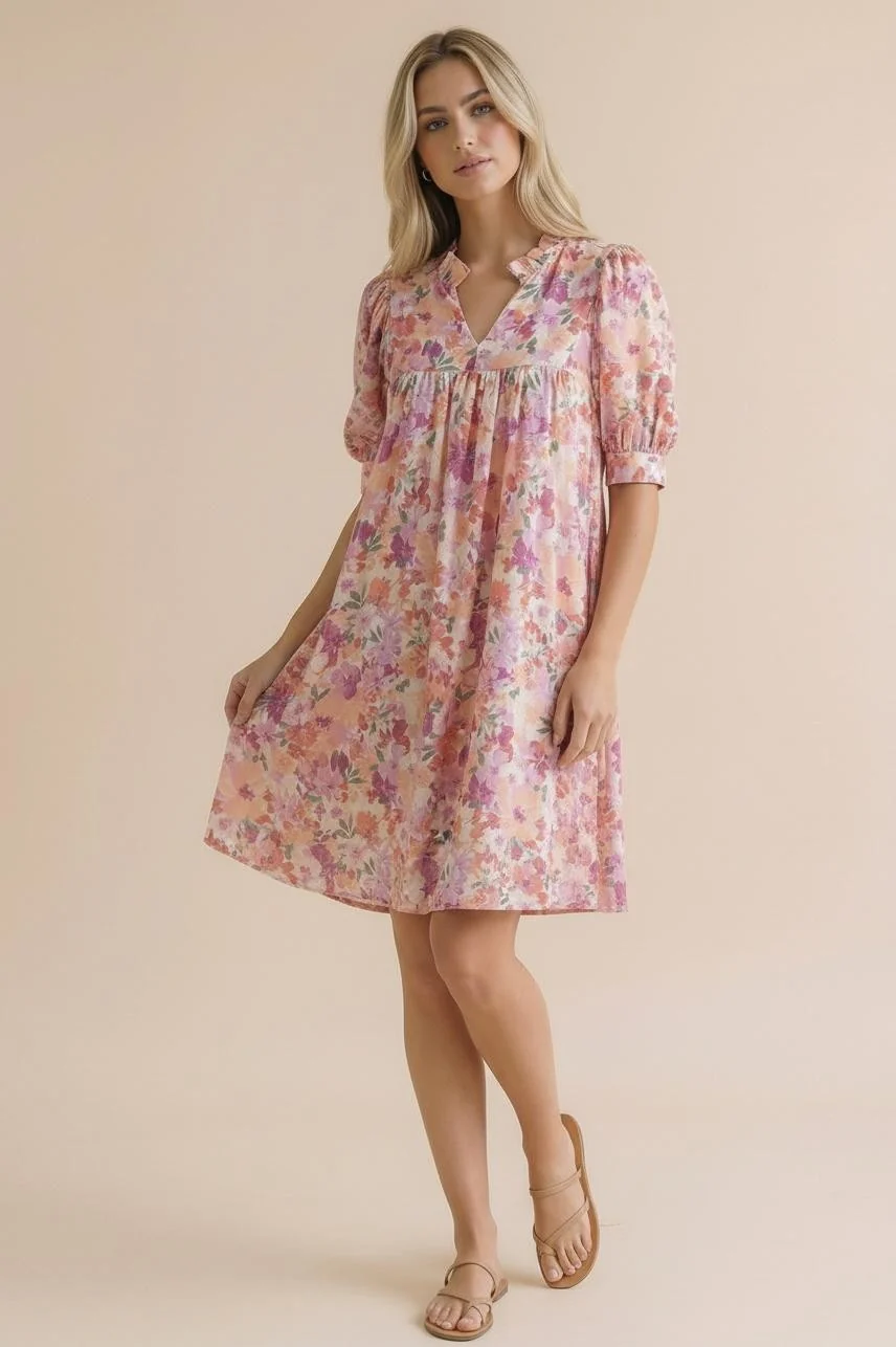 PLUS FRILLED NOTCH NECK BUBBLE SLEEVE FLORAL DRESS - Image 4