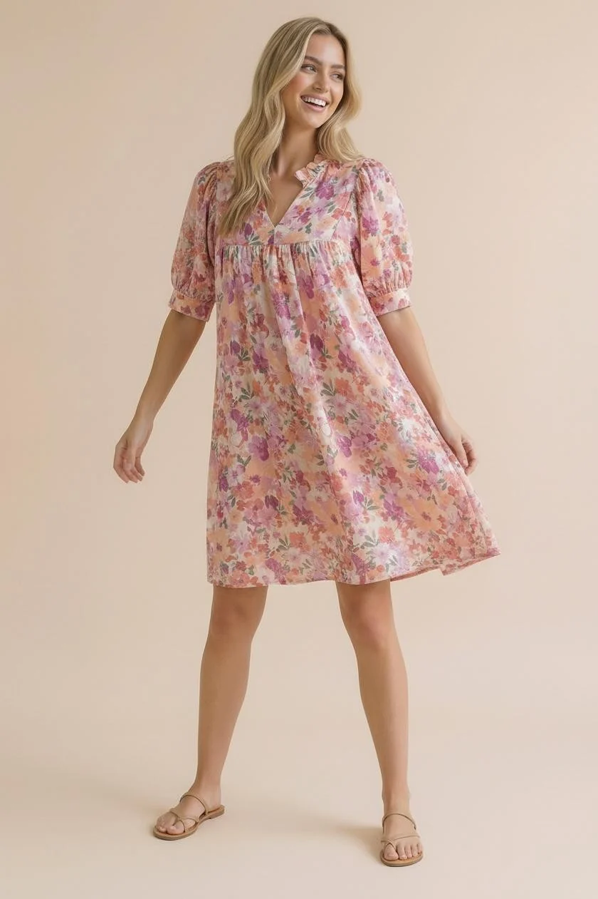 PLUS FRILLED NOTCH NECK BUBBLE SLEEVE FLORAL DRESS - Image 5