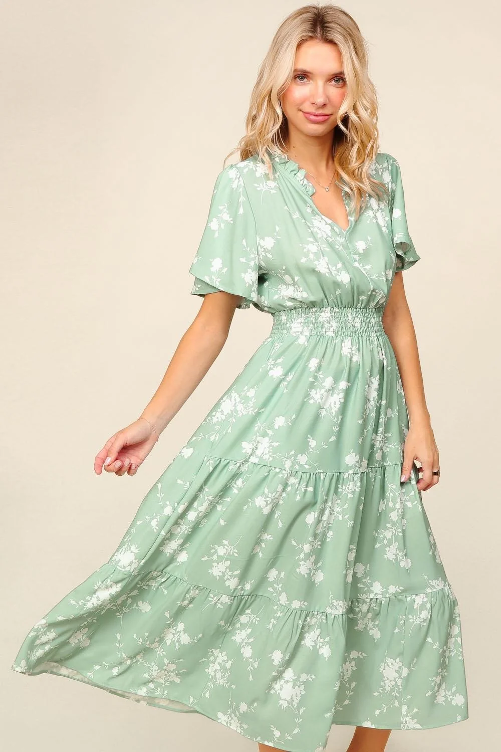PLUS FRILLED NOTCH NECK SMOCKED WAIST FLORAL DRESS - Image 10