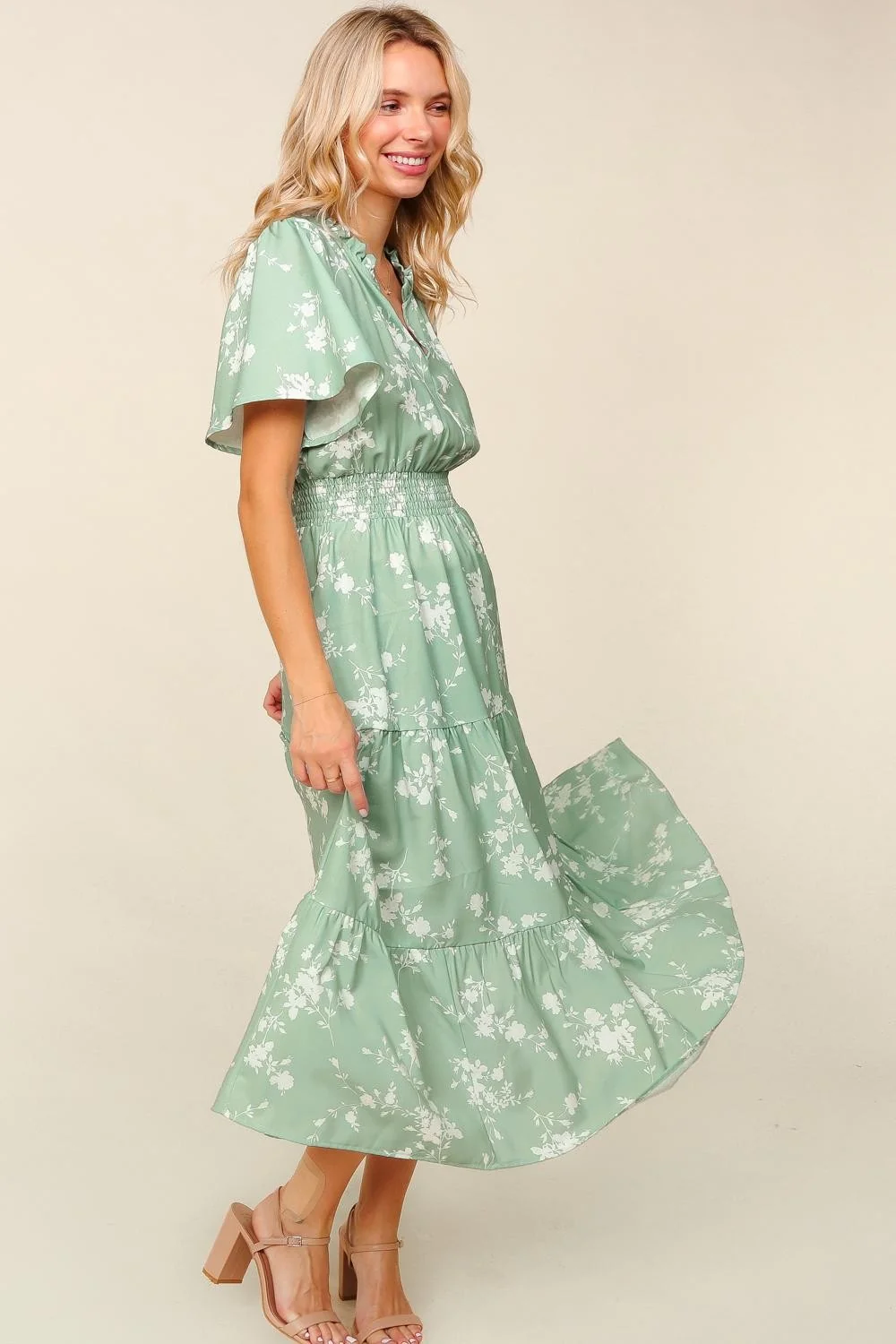 PLUS FRILLED NOTCH NECK SMOCKED WAIST FLORAL DRESS - Image 6
