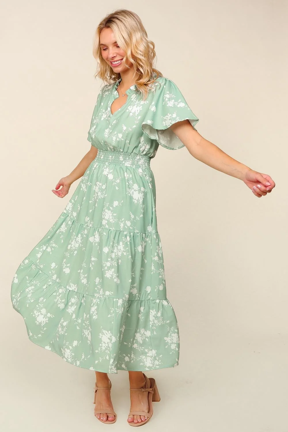 PLUS FRILLED NOTCH NECK SMOCKED WAIST FLORAL DRESS - Image 8