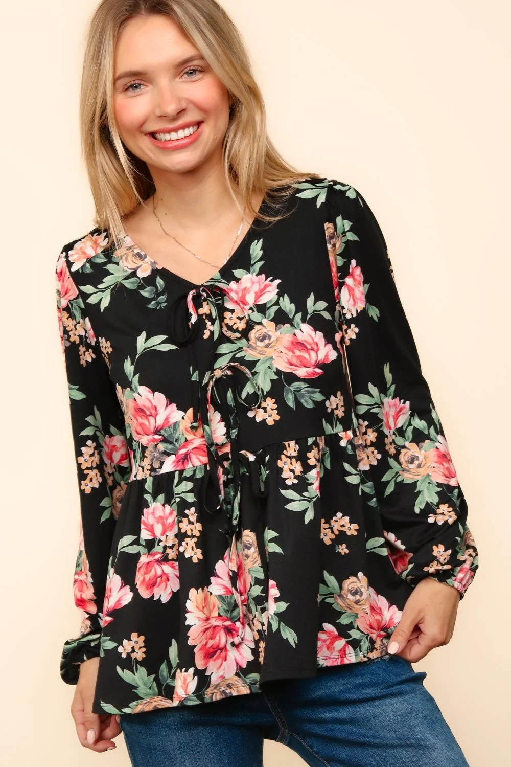 FRONT RIBBON BOW TIE BABYDOLL FLORAL KNIT TOP - Image 9