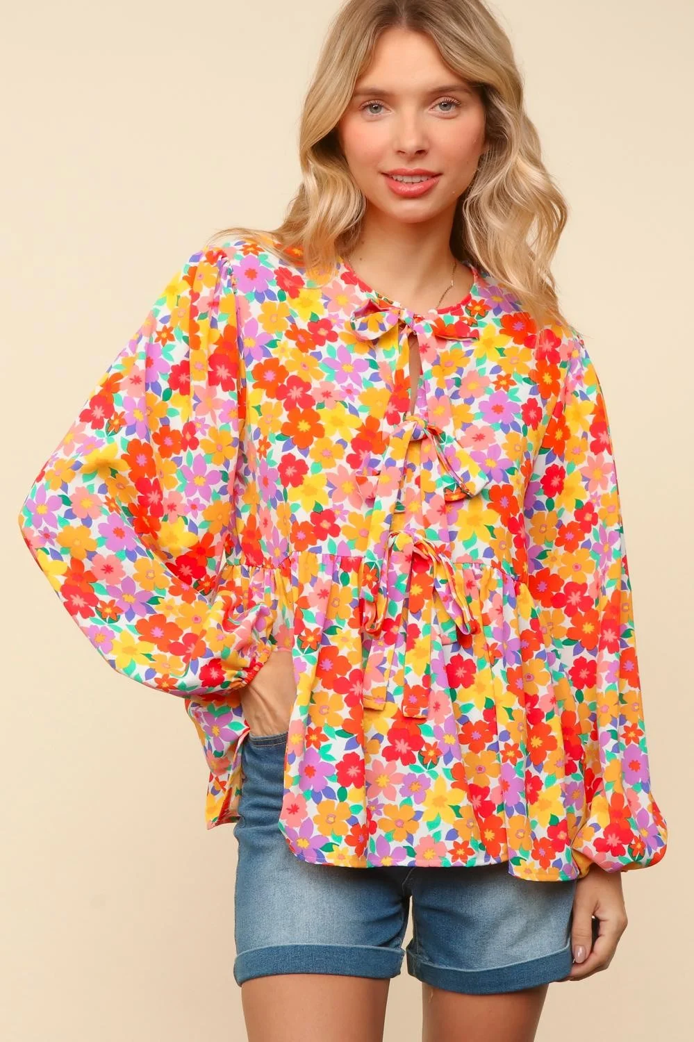 FRONT RIBBON BOW TIE FLORAL PRINT WOVEN TOP - Image 4