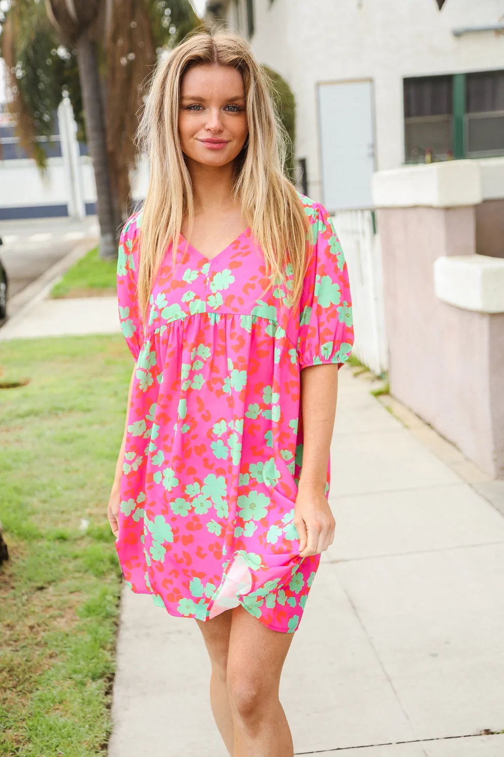 Fuchsia Animal Floral Printed Puff Sleeve Dress - Image 3