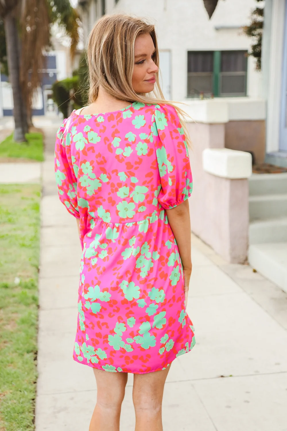 Fuchsia Animal Floral Printed Puff Sleeve Dress - Image 5