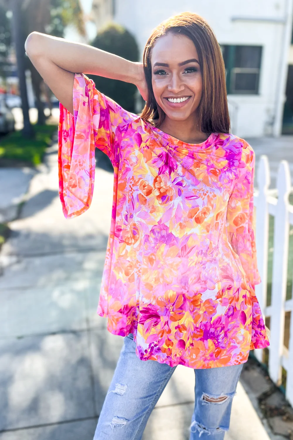 Plus Fuchsia & Coral Floral Bell Sleeve Top - Image 3