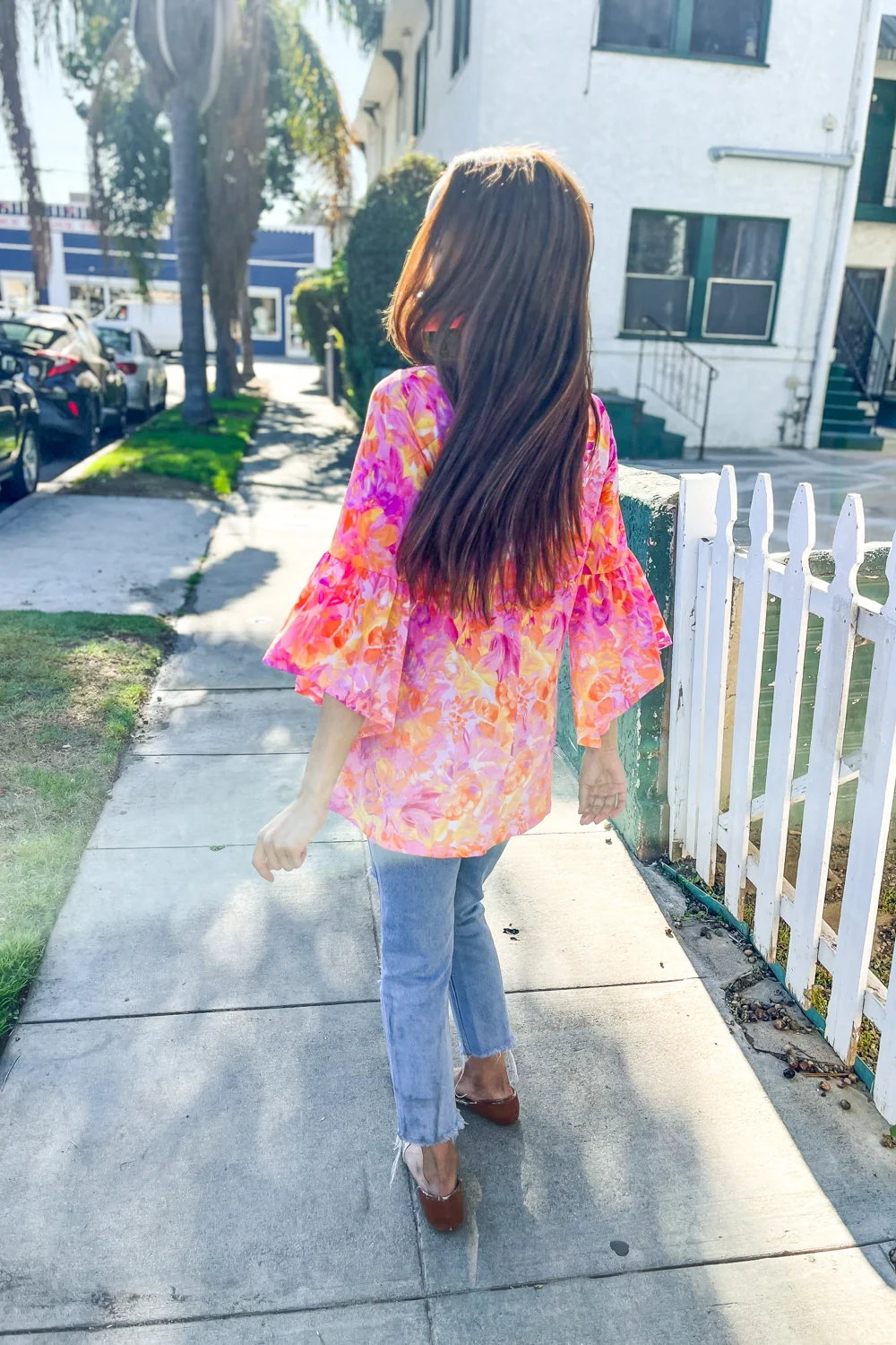 Plus Fuchsia & Coral Floral Bell Sleeve Top - Image 4