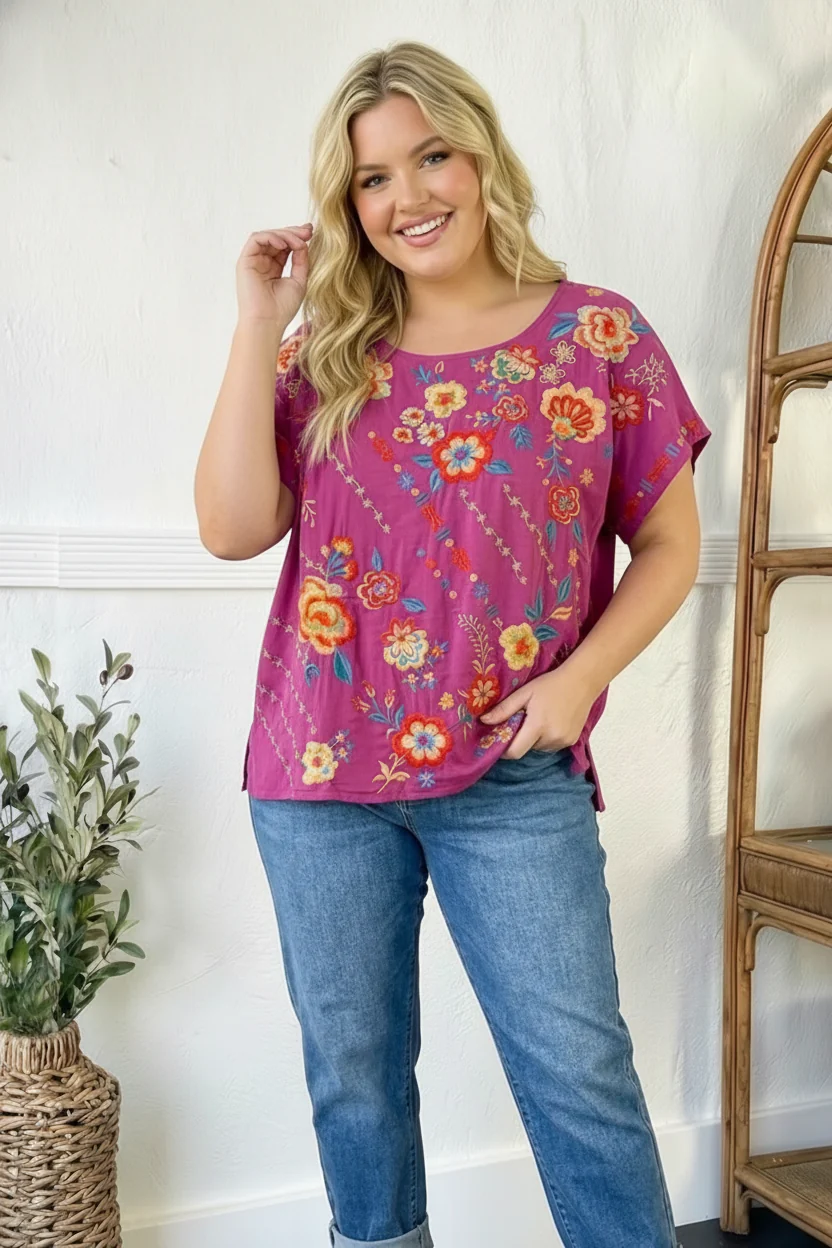 Plus Fuchsia Embroidered Blouse - Image 3