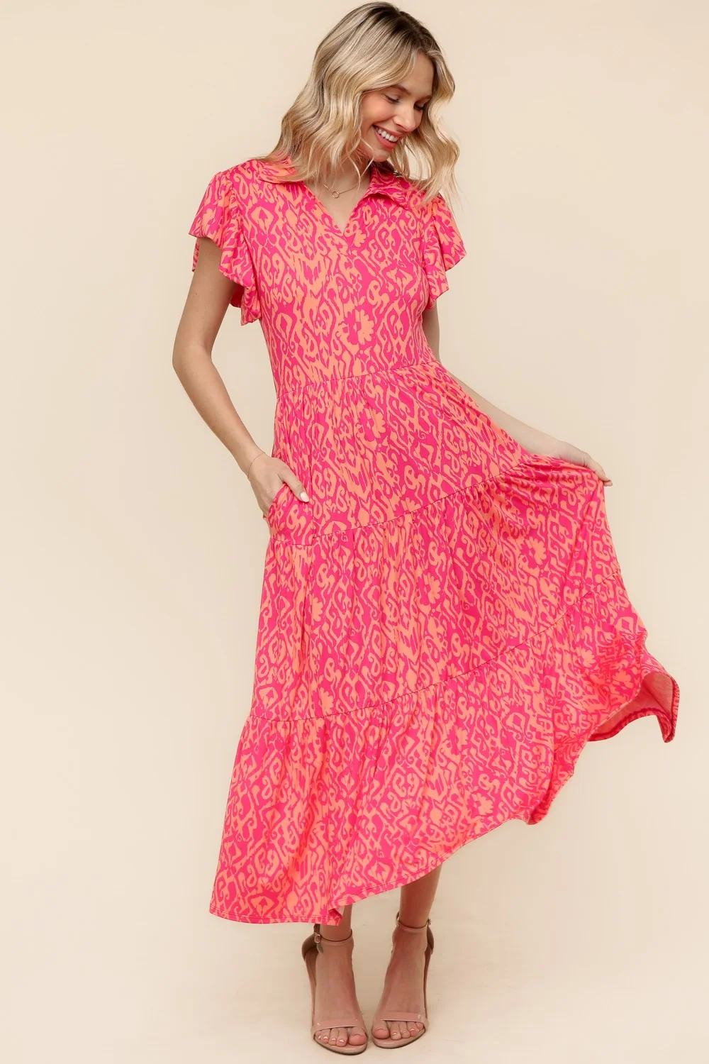 Fuchsia Fit and Flare Tiered Midi Bohemian Dress - Image 5