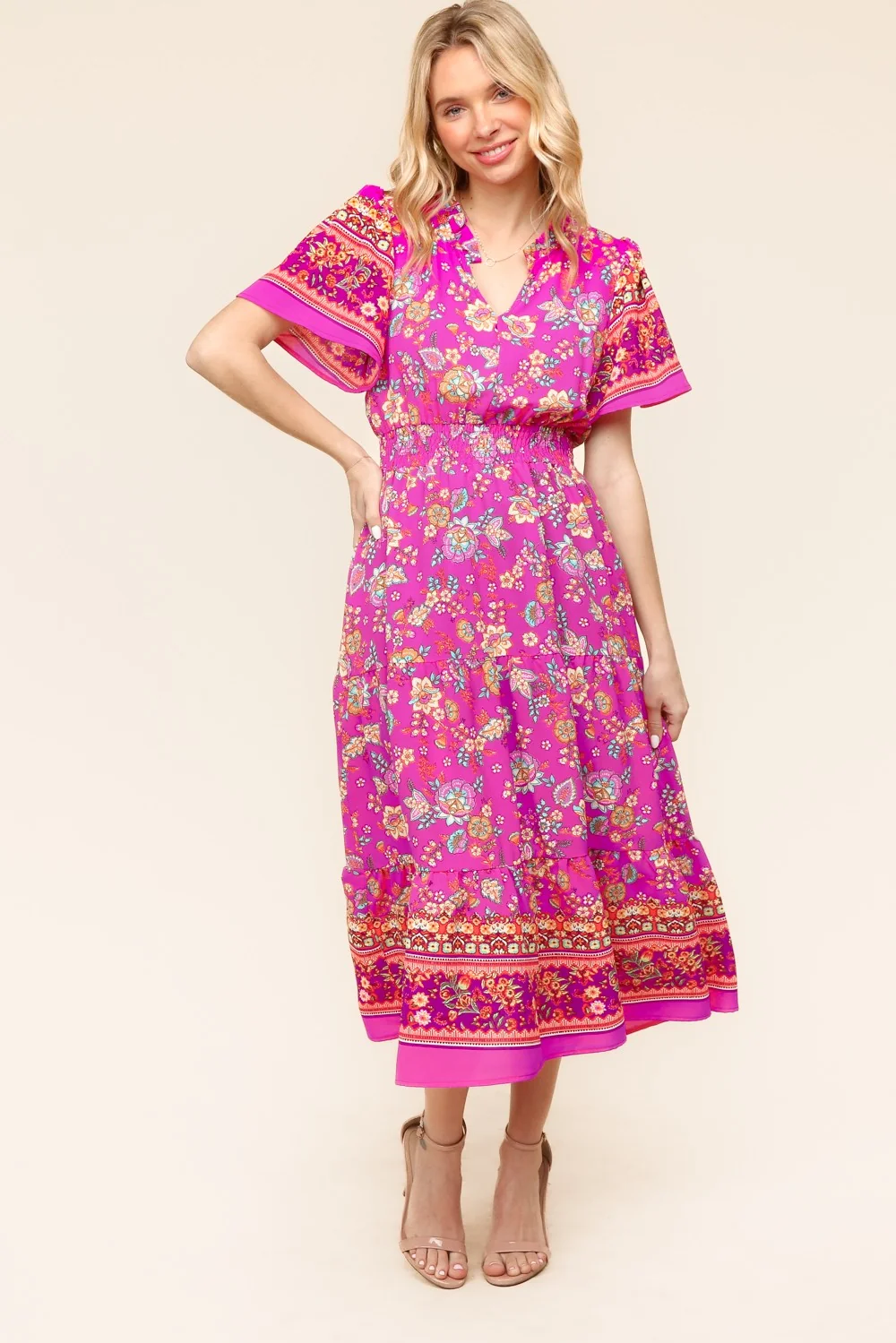 Plus Fuchsia Maxi Tiered Border Print Dress W/Side Pockets (5pc)