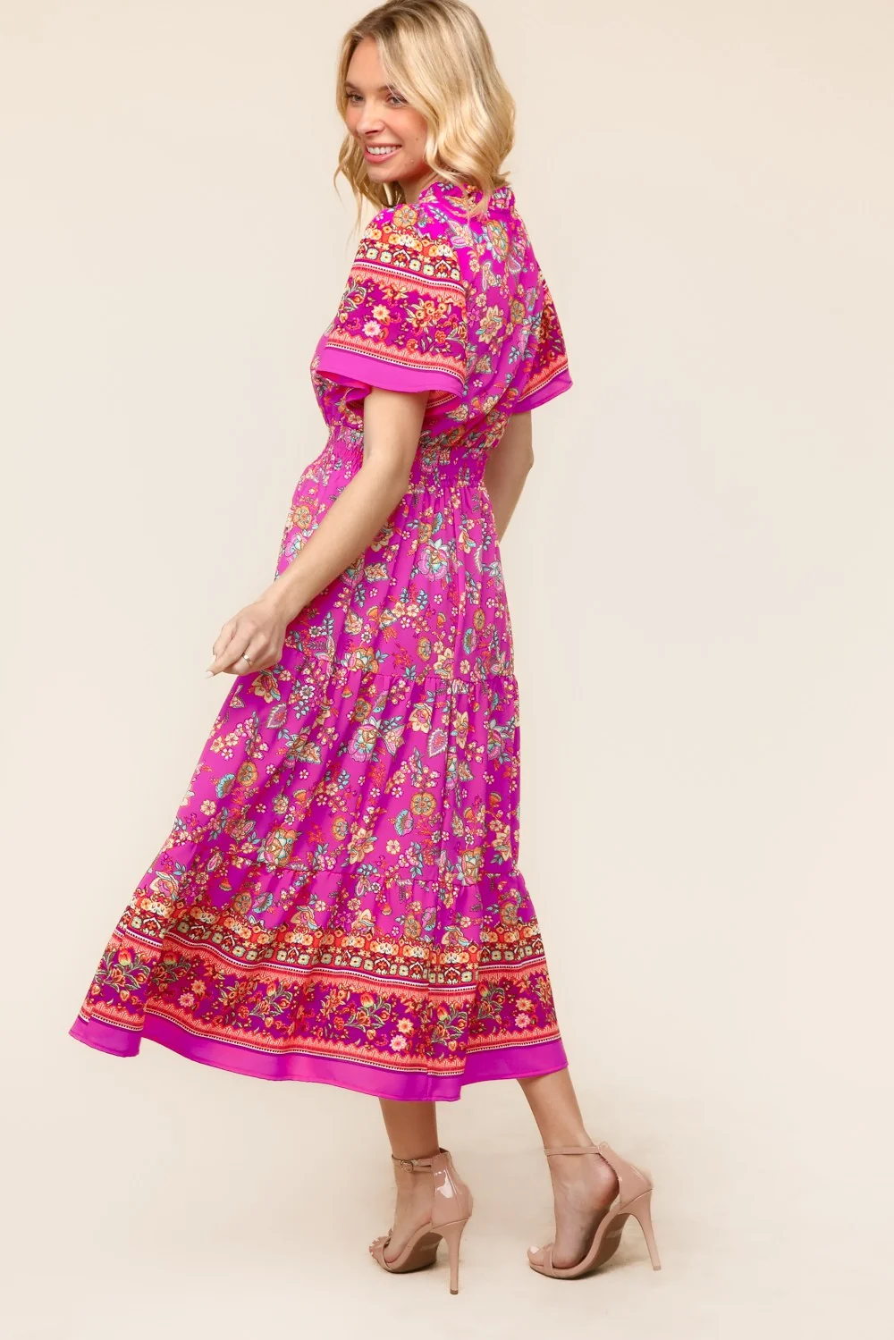 Plus Fuchsia Maxi Tiered Border Print Dress W/Side Pockets (5pc) - Image 4