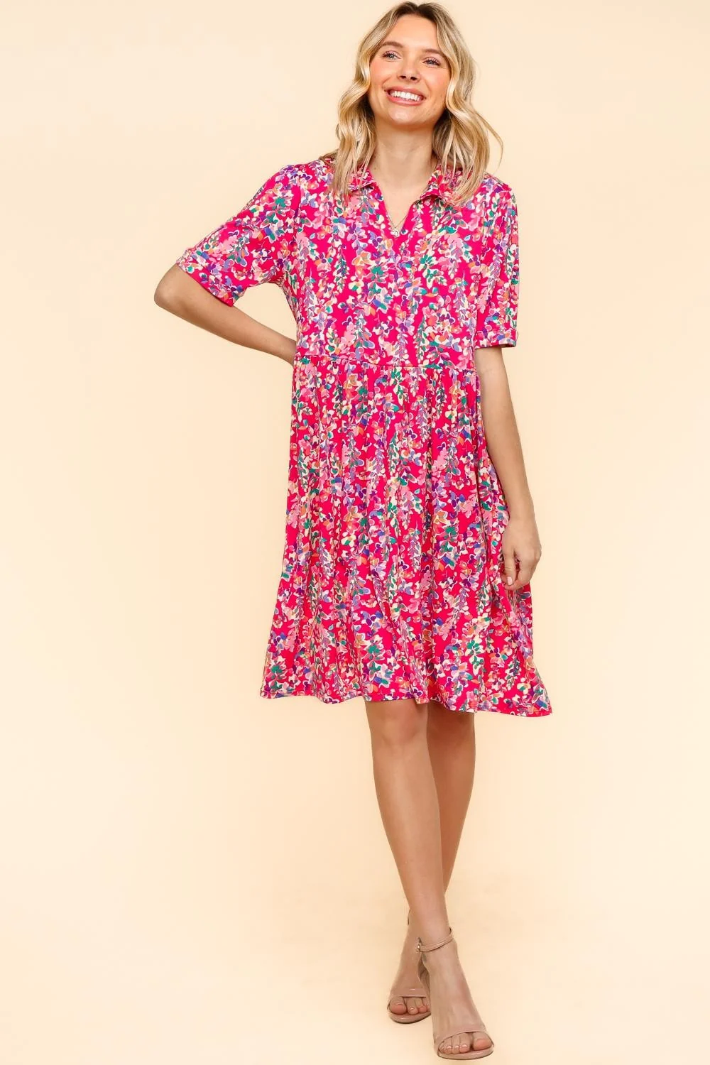 FUCHSIA NOTCH NECK BABYDOLL DRESS W/ SIDE POCKETS - Image 3