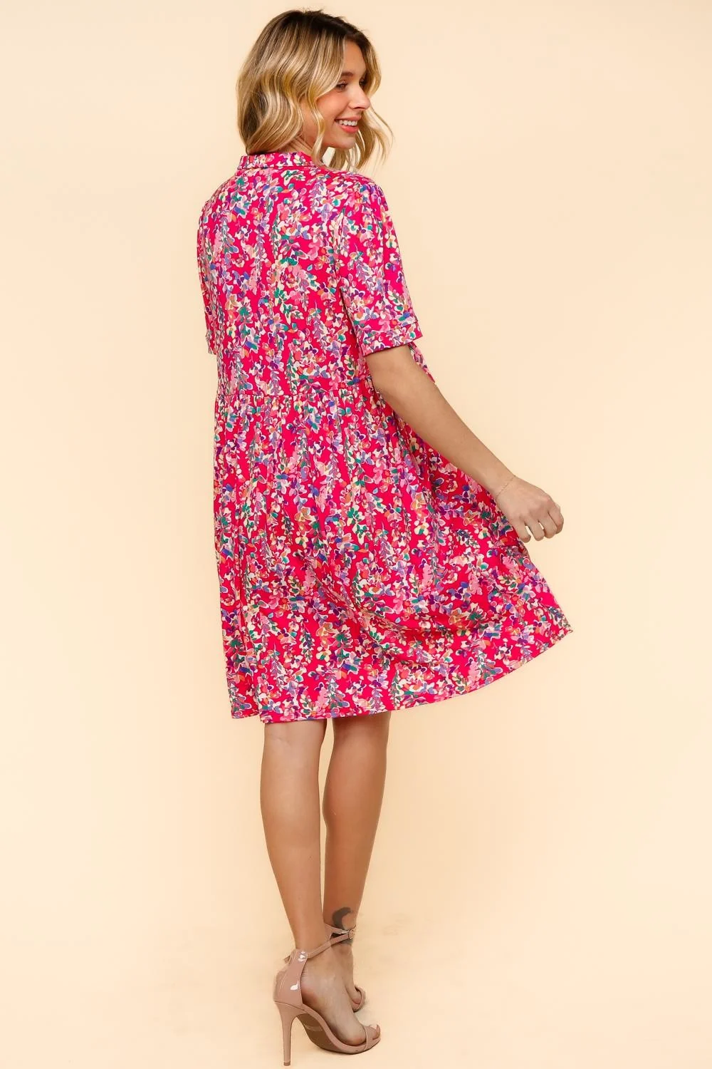 FUCHSIA NOTCH NECK BABYDOLL DRESS W/ SIDE POCKETS - Image 6