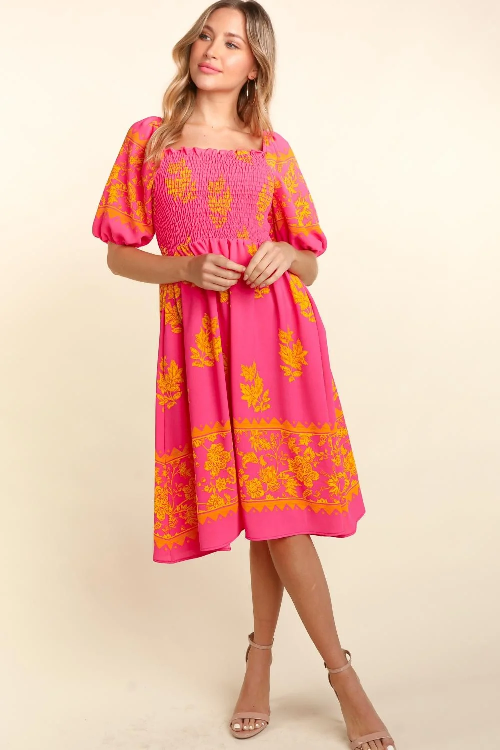 PLUS FUCHSIA SMOCKING ELBOW BUBBLE PUFF SLEEVE WITH POCKET DRESS - Image 2