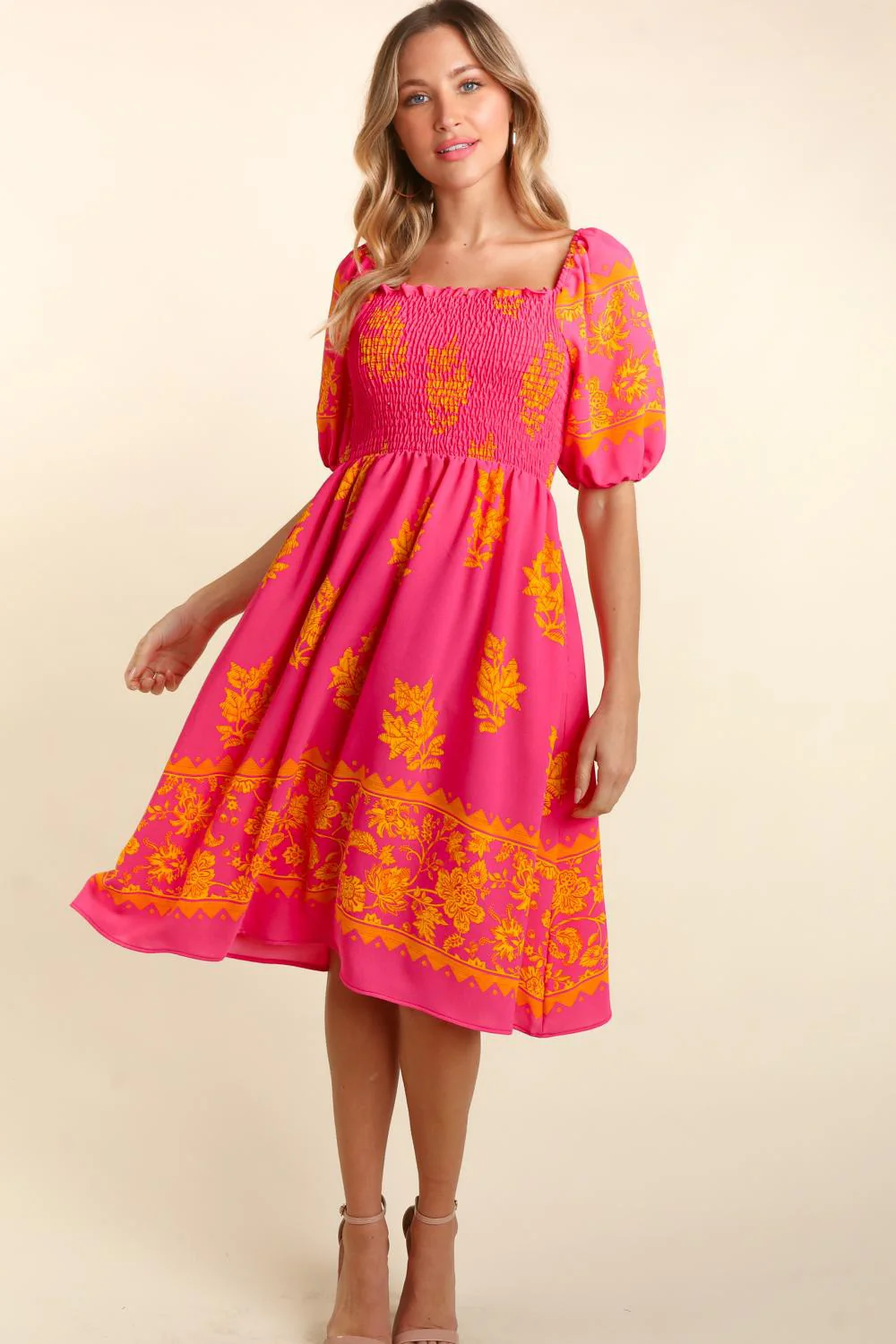 PLUS FUCHSIA SMOCKING ELBOW BUBBLE PUFF SLEEVE WITH POCKET DRESS - Image 3