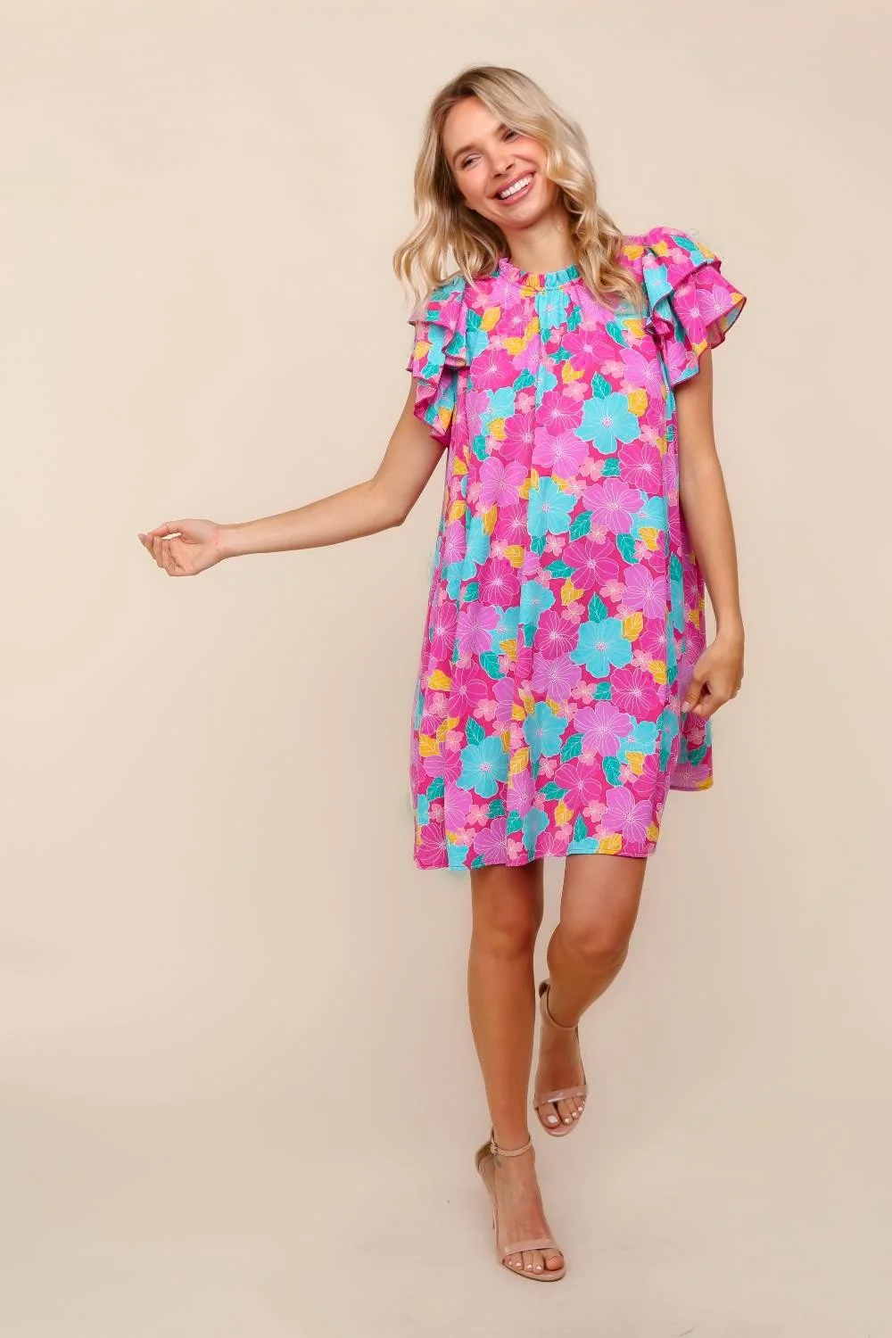 PLUS FUCHSIA TUNIC KNEE LENGTH WOVEN DRESS W/ SIDE POCKETS - Image 3