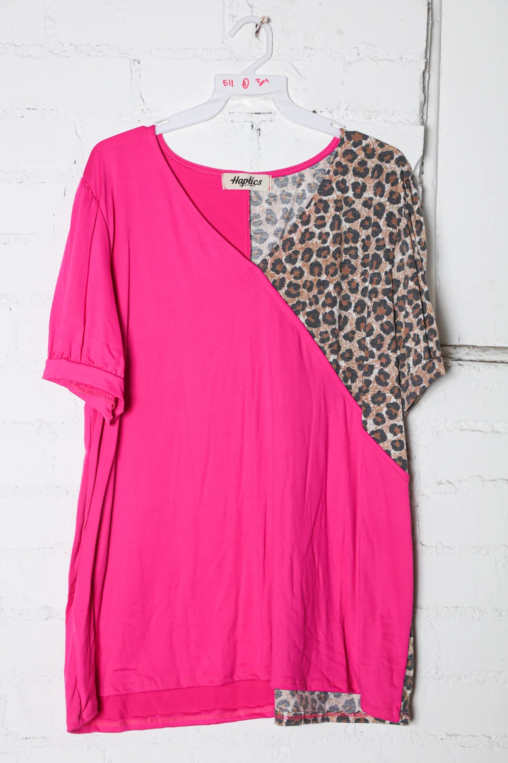Plus Fuchsia V Neck Surplice Leopard Color Block Knit Top